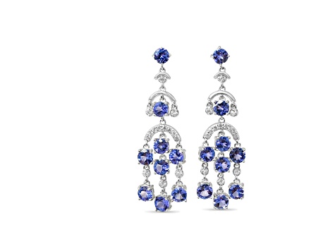 Rhodium Over Sterling Silver 4mm Round Tanzanite and White Cubic Zirconia Dangle Earrings 5.40ctw