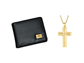 Faux Leather Lords Prayer Wallet with 18K Gold Over Stainless Steel Our Father Prayer Cross Pendant