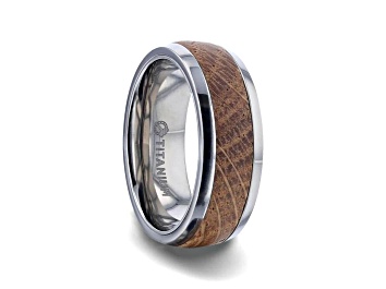 Picture of STAVE Whiskey Barrel Inlaid Titanium Men's Wedding Band With Domed Polished Whiskey Barrel Edges