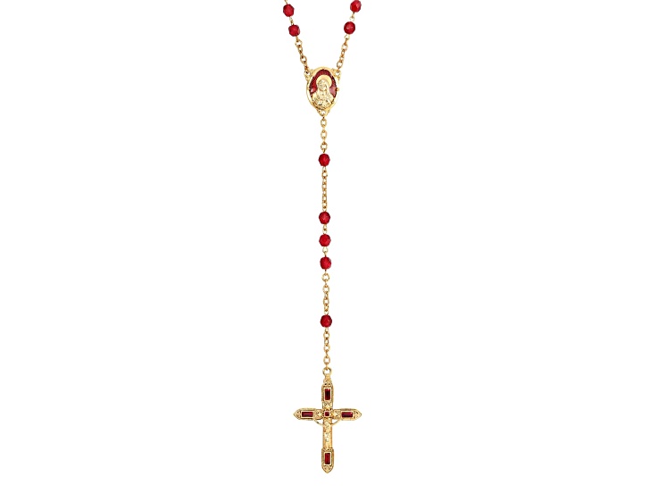 Symbols Of Faith Gold Tone Red Bead and Red Enamel Rosary