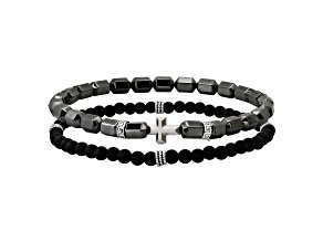 Men's Black and Gray Lava Rock and Sterling Silver Beaded Bracelet Set