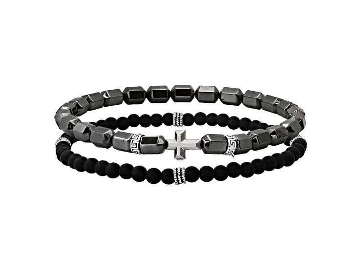 Men's Black and Gray Lava Rock and Sterling Silver Beaded Bracelet Set