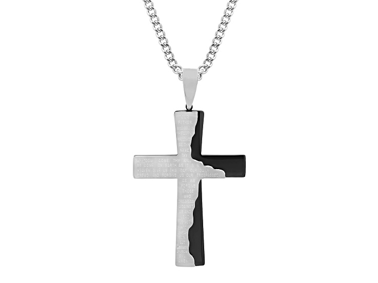 Two-Tone Black and White Ion-Plated Stainless Steel The Lord's Prayer Tablet Cross Pendant