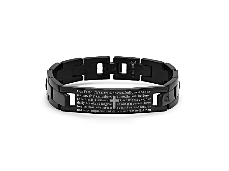 Men's Black Ion-Plated Bracelet With English Prayer Accent