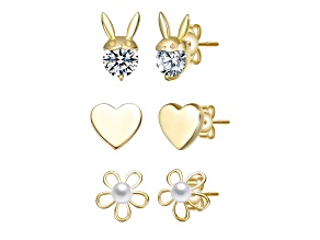 Cubic Zirconia & Mother of Pearl, 14K Gold Plated over Sterling Silver Stud Earring 3-Piece Set