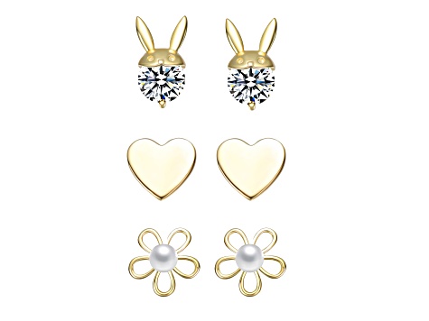 Cubic Zirconia & Mother of Pearl, 14K Gold Plated over Sterling Silver Stud Earring 3-Piece Set