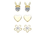 Cubic Zirconia & Mother of Pearl, 14K Gold Plated over Sterling Silver Stud Earring 3-Piece Set