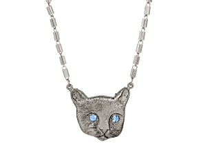 White Base Metal Cat Face Crystal Stone Necklace 17"
