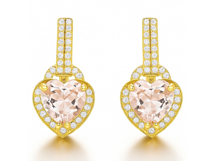 Pink Rose Quartz 14K Yellow Gold Over Sterling Silver Heart Drop Earrings