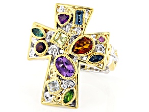 Multi Gemstone Rhodium & 24k Yellow Gold Over Palladium Sterling Silver Ring 1.54ctw