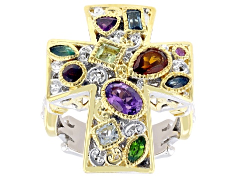 Multi Gemstone Rhodium & 24k Yellow Gold Over Palladium