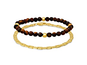 Men's Tiger Eye and 14K Yellow Gold Over Sterling Silver Beaded Stretch Bracelet