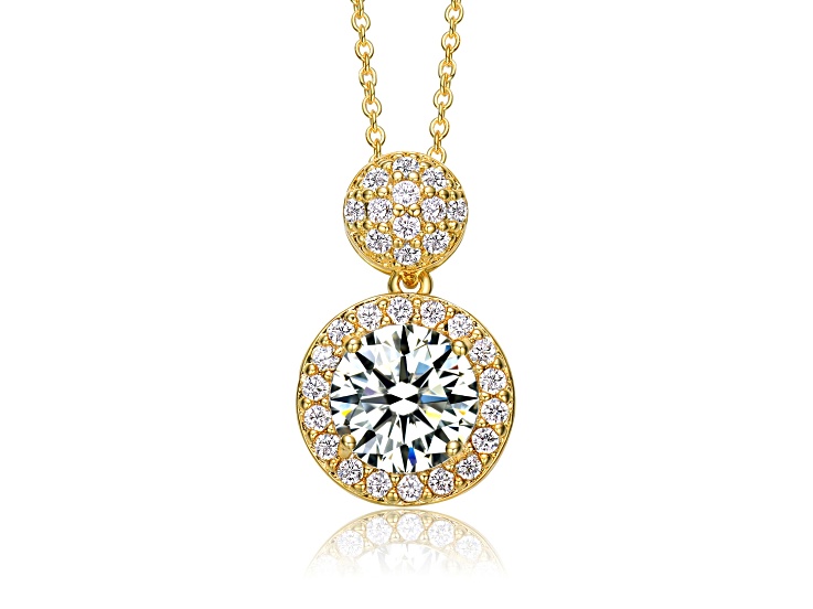Clear Round Cubic Zirconia, 14K Gold Plated over Sterling Silver Halo Necklace