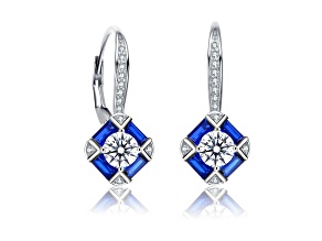 Sapphire Blue Cubic Zirconia, Rhodium Plated over Sterling Silver Leverback Earrings
