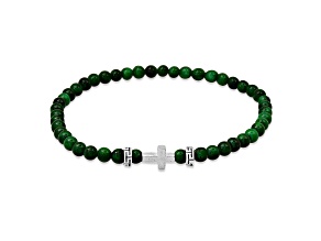 Men's Green Agate and Sterling Silver Stretch Beaded Bracelet
