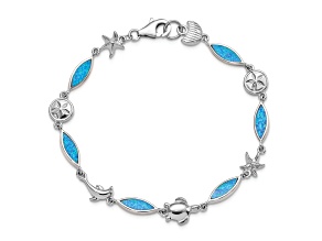Rhodium Over Sterling Silver Lab Created Opal Sea Life Bracelet