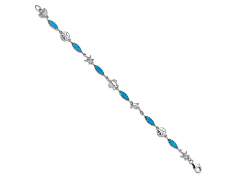 Rhodium Over Sterling Silver Lab Created Opal Sea Life Bracelet