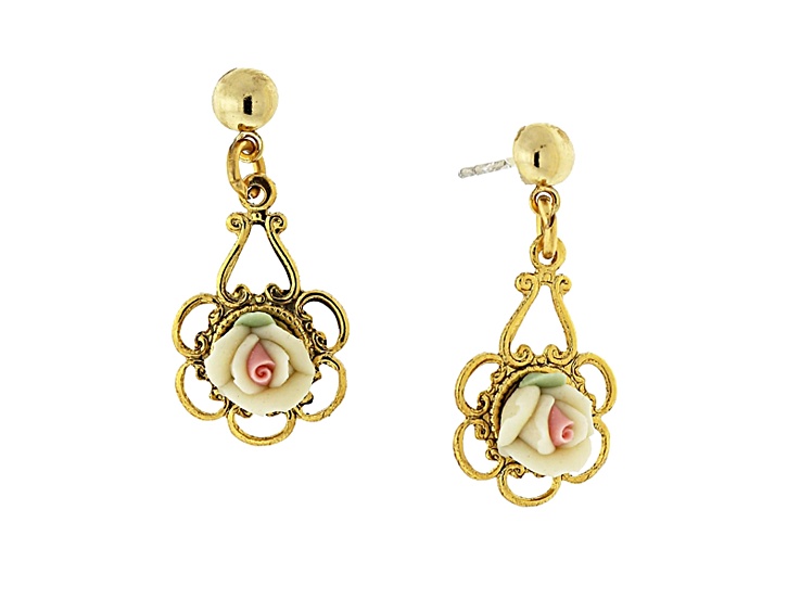 1928 Jewelry Gold-Tone Porcelain Ivory Rose Drop Earrings