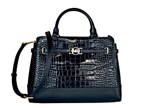 Michael Kors Reed Large Center Zip Belted Satchel Handbag in Exotic Patent Black