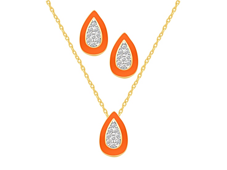 White Crystal and Orange Enamel Brass Jewelry Set- Stud Earrings, Pendant w/17 Inch Chain+ 2 in Ext