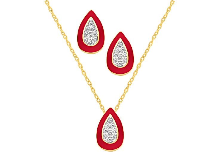 White Crystal and Red Enamel Brass Jewelry Set- Stud Earrings, Pendant w/17 Inch Chain+ 2 in Ext