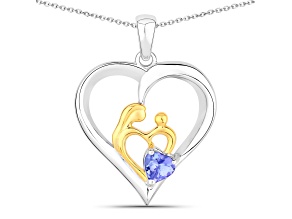 Blue Tanzanite Sterling Silver With 18K Yellow Gold Over Sterling Three Heart Mom Pendant with Chain