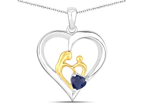 Blue Sapphire Sterling Silver With 18K Yellow Gold Over Sterling Three Heart Mom Pendant with Chain