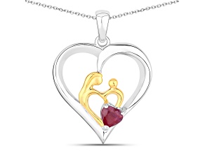 Pink Ruby Sterling Silver With 18K Yellow Gold Over Sterling Three Heart Mom Pendant with Chain