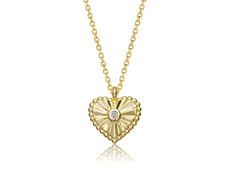 Clear Bezel Set Cubic Zirconia, 14K Gold Plated over Brass Heart Pendant Necklace