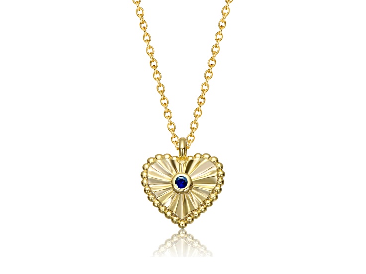 Sapphire Blue Bezel Set Cubic Zirconia, 14K Gold Plated over Brass Heart Pendant Necklace