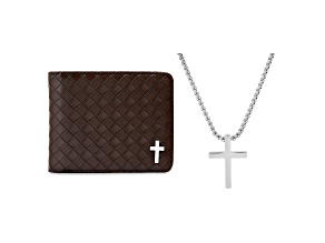Braided Leather Cross Wallet and Cross Pendant Set