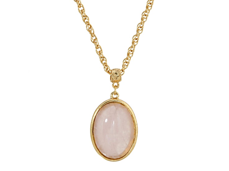 1928 Jewelry Gold Tone Brass Rose Quartz Oval Pendant With Chain