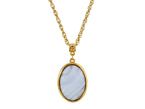 1929 Jewelry Gold Tone Brass Blue Lace Agate Oval Pendant With Chain