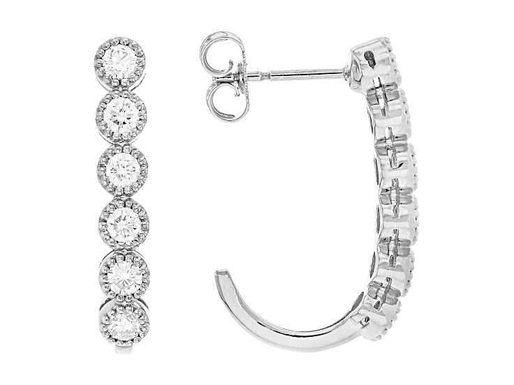 White Lab-Grown Diamond F-G SI Rhodium Over Sterling Silver J-Hoop Earrings 0.75ctw