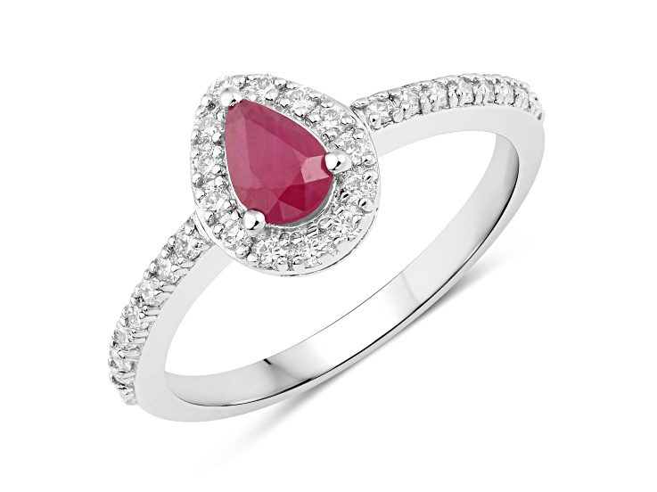 Ruby and Lab Grown Diamond Rhodium Over Silver Halo Teardrop Ring 0.69ctw