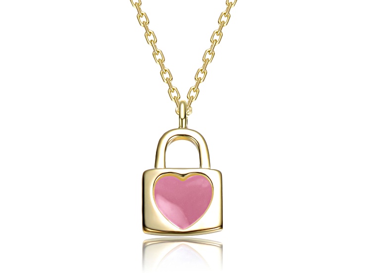 Pink Enamel, 14K Gold Plated over Brass Heart-Shaped Lock Pendant Necklace For Kids