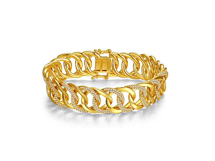 Clear Cubic Zirconia, 14K Gold Plated over Brass Interlocking Slinky Link Chain Bracelet