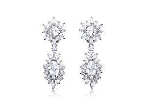 Clear Cubic Zirconia, Rhodium Plated over Sterling Silver Double Halo Cluster Dangle Earrings