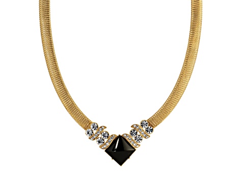Yellow Base Metal Black Onyx Square Clear Crystal Necklace 16 inch Adj.
