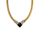 Yellow Base Metal Black Onyx Square Clear Crystal Necklace 16 inch Adj.