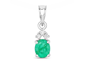 Green Zambian Emerald and White Diamond 10K White Gold Drop Pendant