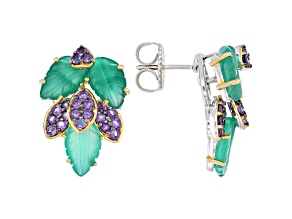 Green Agate and Amethyst Rhodium & 24K Yellow Gold Over Palladium Sterling Silver Earrings 1.38ctw