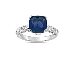 10K White Gold 1.00CTW Square Cushion Lab Created Blue Sapphire and Round Lab-Grown Diamond Ring