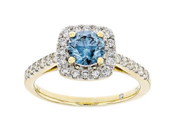 Picture of Blue And White Lab-Grown Diamond 14k Yellow Gold Halo Ring 1.50ctw