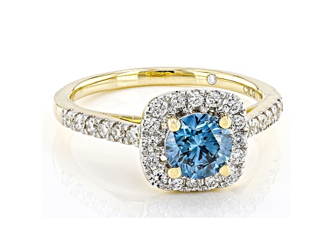 Blue And White Lab-Grown Diamond 14k Yellow Gold Halo Ring 1.50ctw