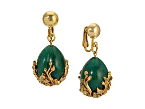 Gold Tone Green & Gold Bead Drop Clip Earrings
