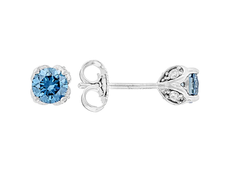 Blue And White Lab-Grown Diamond F-G SI Rhodium Over Sterling Silver Solitaire Stud Earrings 0.75ctw