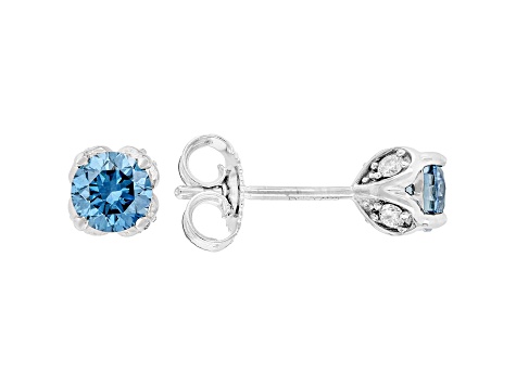 Blue And White Lab-Grown Diamond F-G SI Rhodium Over Sterling Silver Solitaire Stud Earrings 0.75ctw