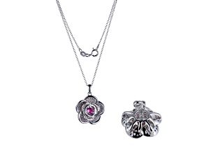 Pink Lab Created Sapphire Rhodium Over Sterling Silver Flower Pendant with Chain 0.82ctw