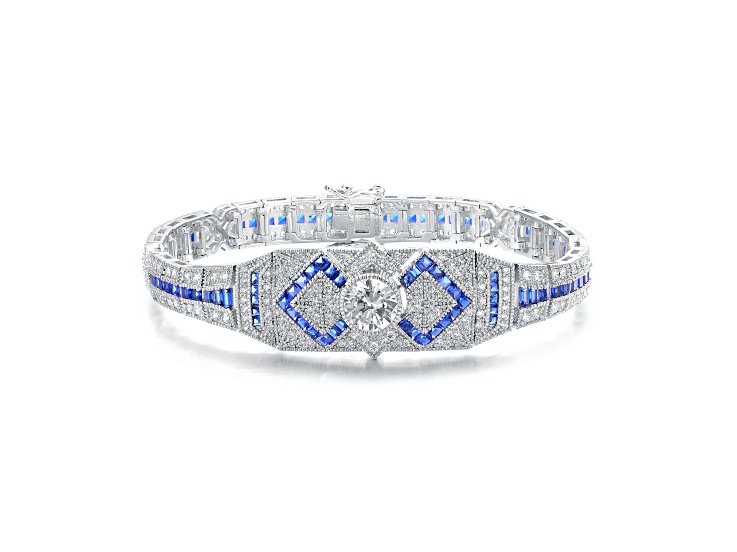 Clear & Sapphire Blue Cubic Zirconia, Rhodium Plated over Brass Link Bracelet
